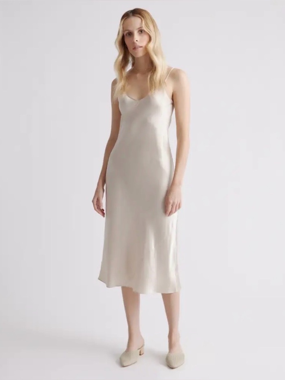 Quince Y2K Washable Silk Midi Slip Dress in Champagne